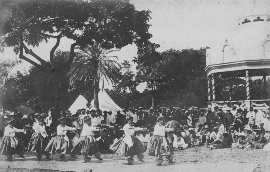 Hawaiians performing the Hula in 1885 for King Kalakau's 49th birthday. Author Edward Arning (1854-1936)